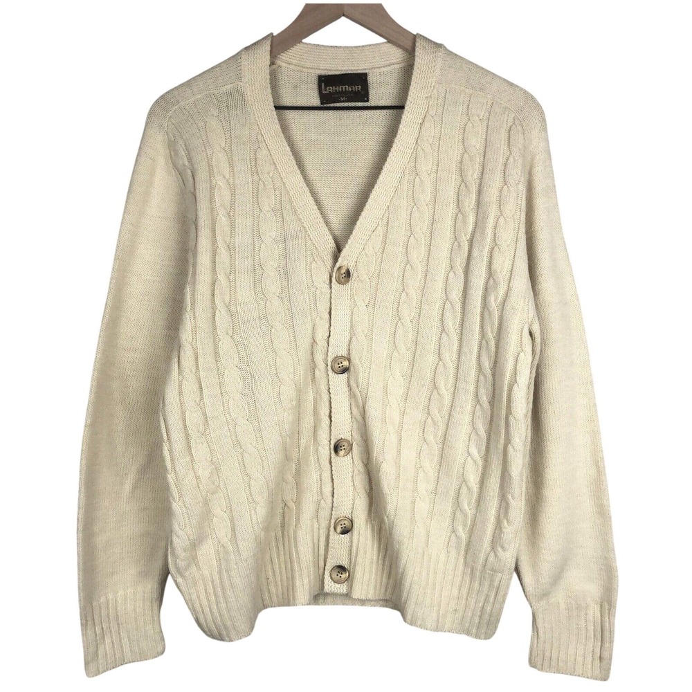 VTG LAHMAR Cardigan Sweater‎ Men's Sz M Cream Button V-Neck 70s Cable Knit L/S